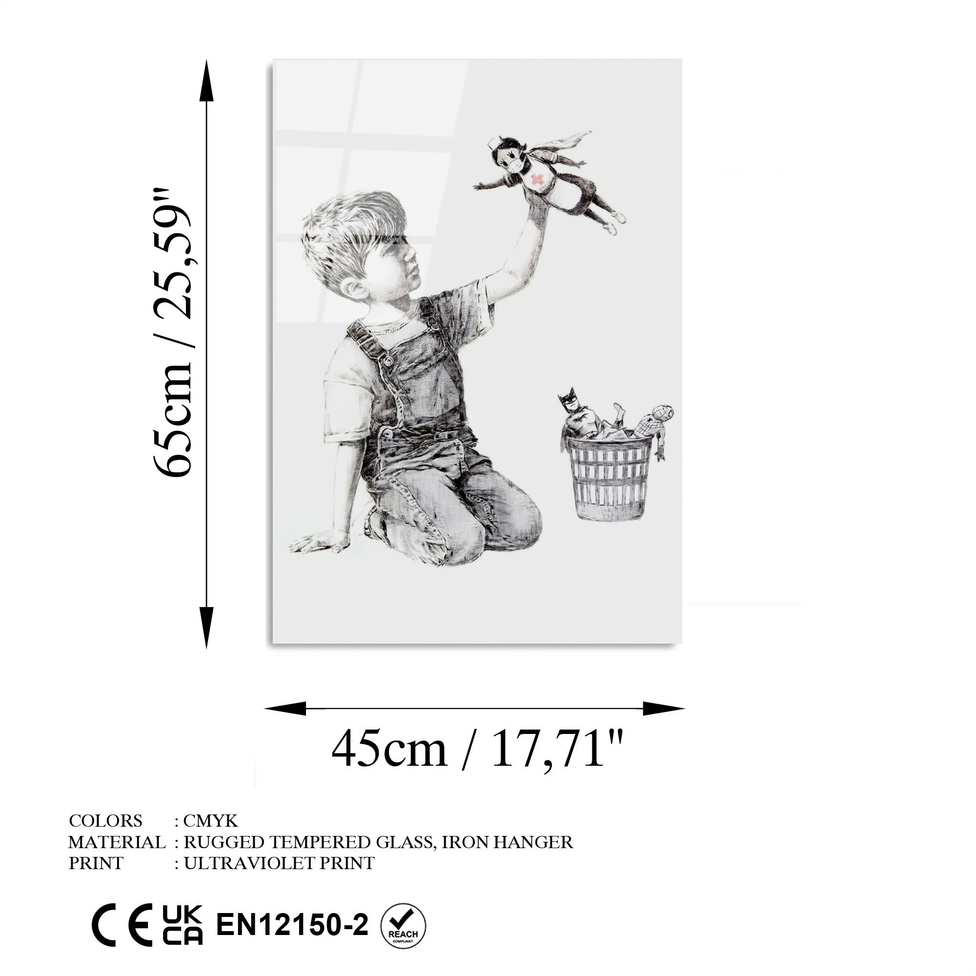 Pikturë dekorative prej xhami të temperuar, Banksy, shumëngjyrëshe, 45x65cm