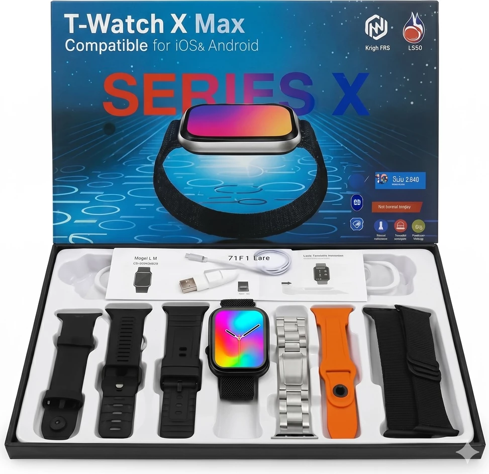 Ora e Mençur T-Watch X Max Series X (Set me rripa të ndryshëm), për njoftime, sport dhe përdorim ditor, e zezë/set multi-ngjyrësh