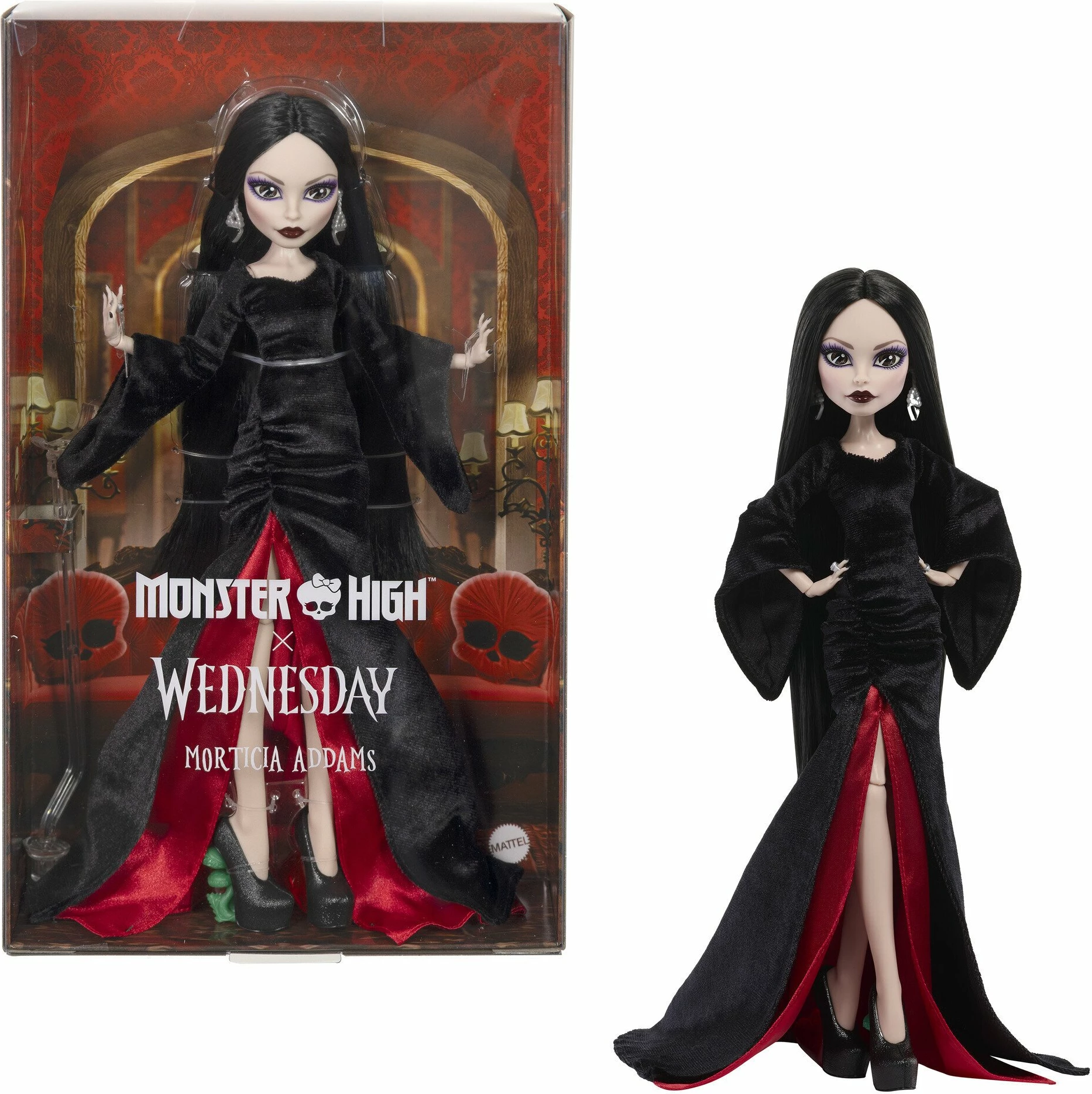 Kukull koleksionuese Mattel Monster High x Wednesday Morticia Addams JLK99, e zezë/kuqe