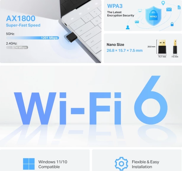 adapter USB Wi‑Fi 6 TP-LINK Archer TX20U Nano AX1800 dual-band, zi