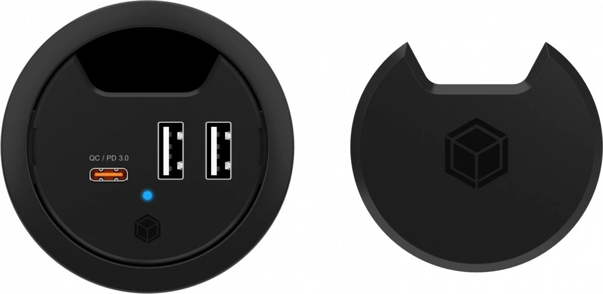 Karikues tavoline IcyBox IB-HUB1407 me 3 porta USB, 2x USB-A, 1x USB-C, 60mm, Zi