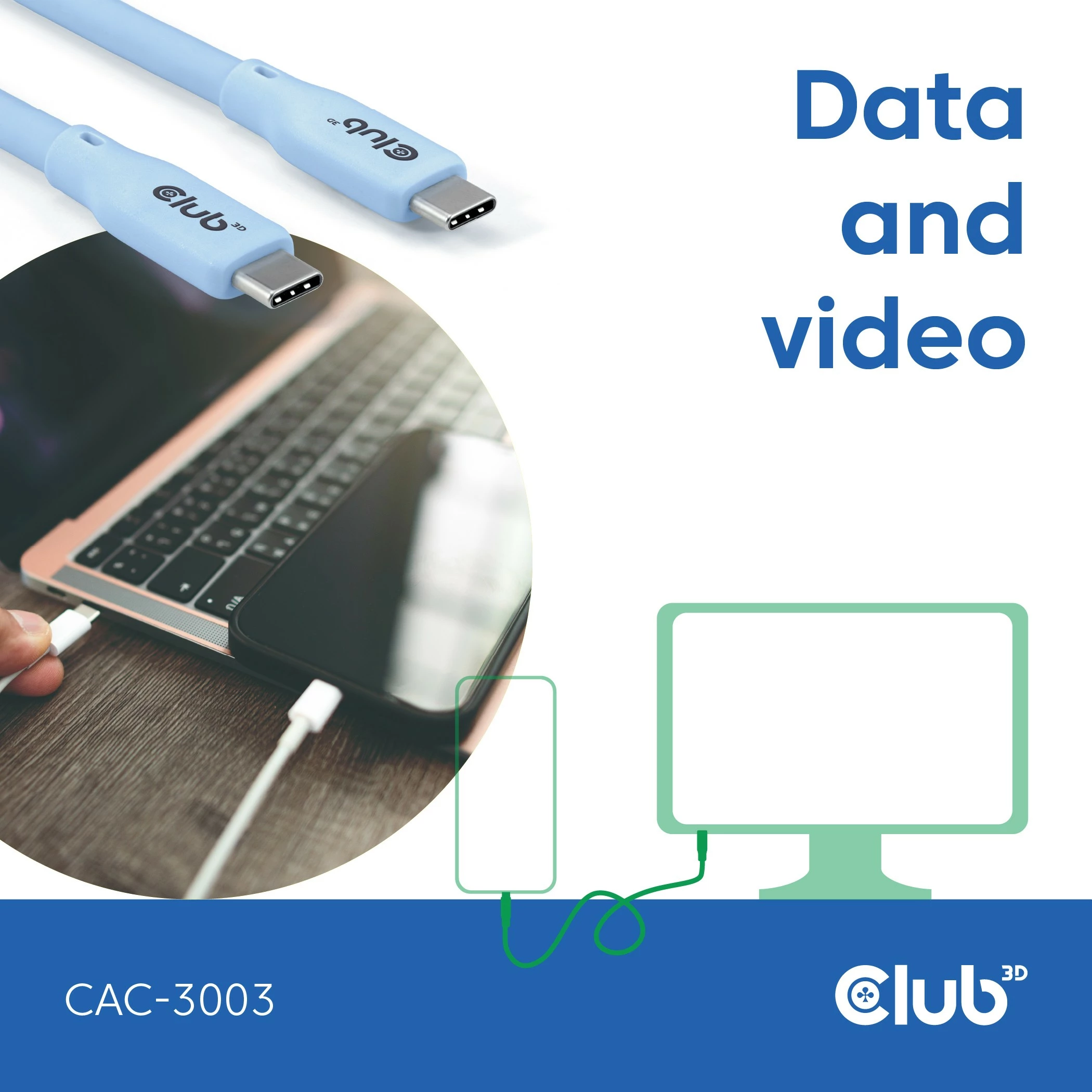 Kabllo USB-C Club3D CAC-3003, 2m, 240W, 20Gbps, blu