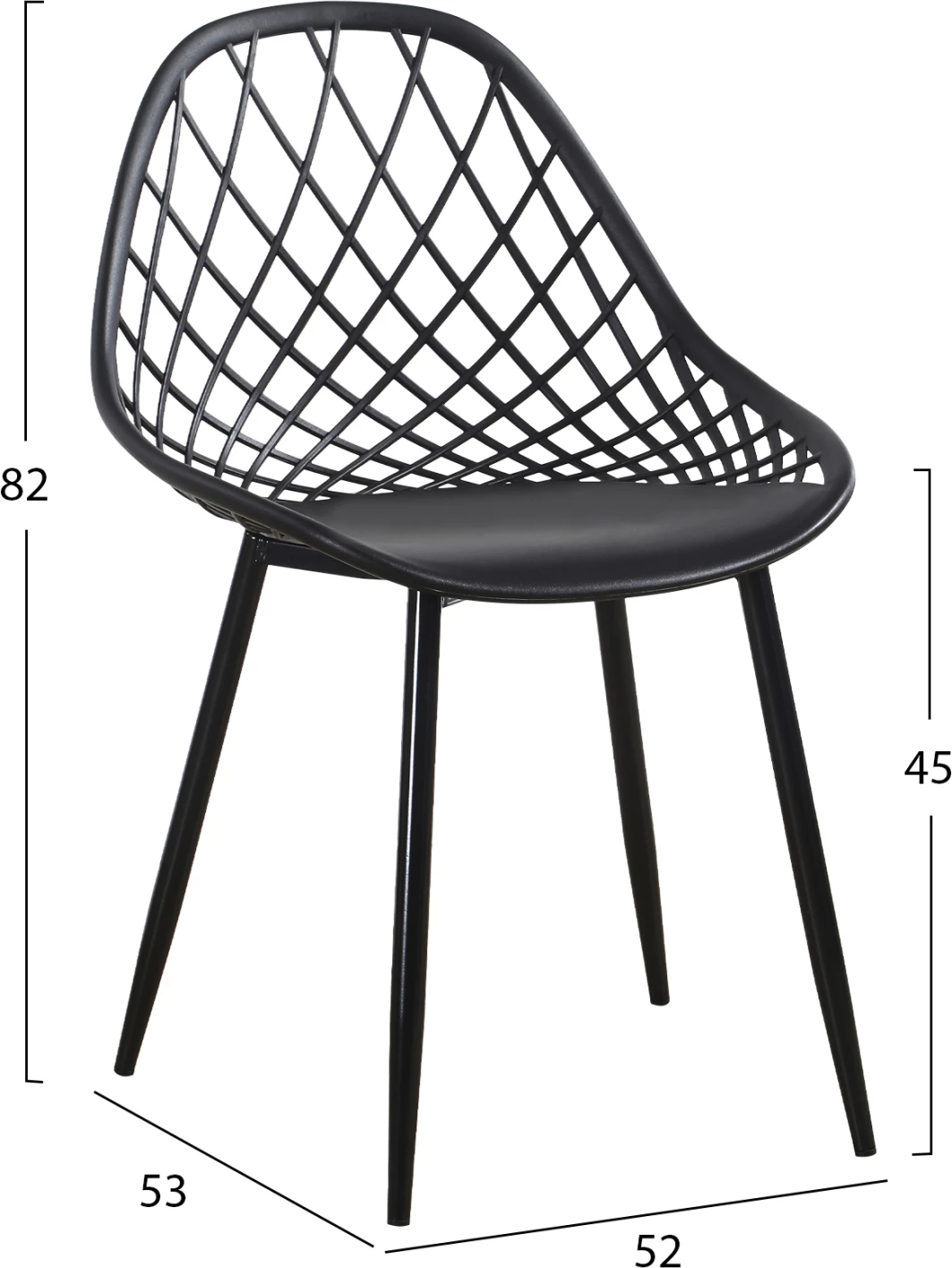 Karrige polipropileni, FH9524.02, ngjyrë e zezë, me këmbë metalike mat, 52x53x82H cm, set prej 4 copash