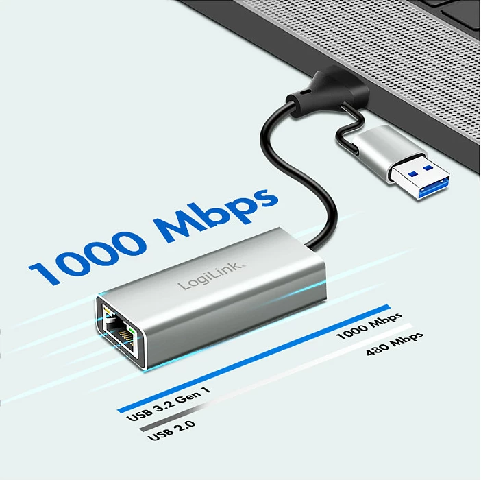 Adapter USB LogiLink USB 3.2 Gen1, USB-A/USB-C në Gigabit Ethernet, alumin, argjendtë