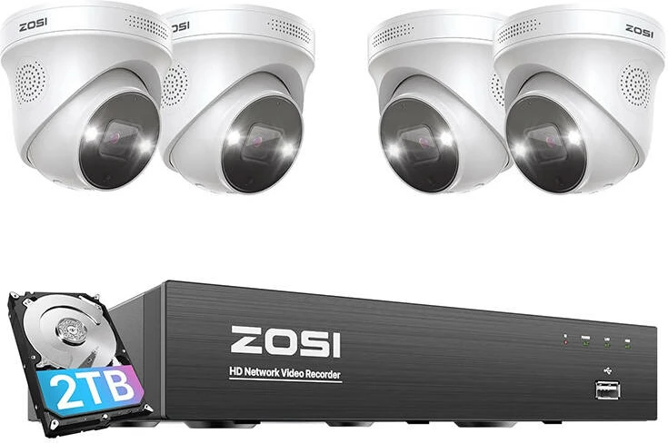 Set kamerash IP ZOSI C225, 4 copë, WiFi, 5MP, NVR 8 kanale, HDD 2TB, Bardhë