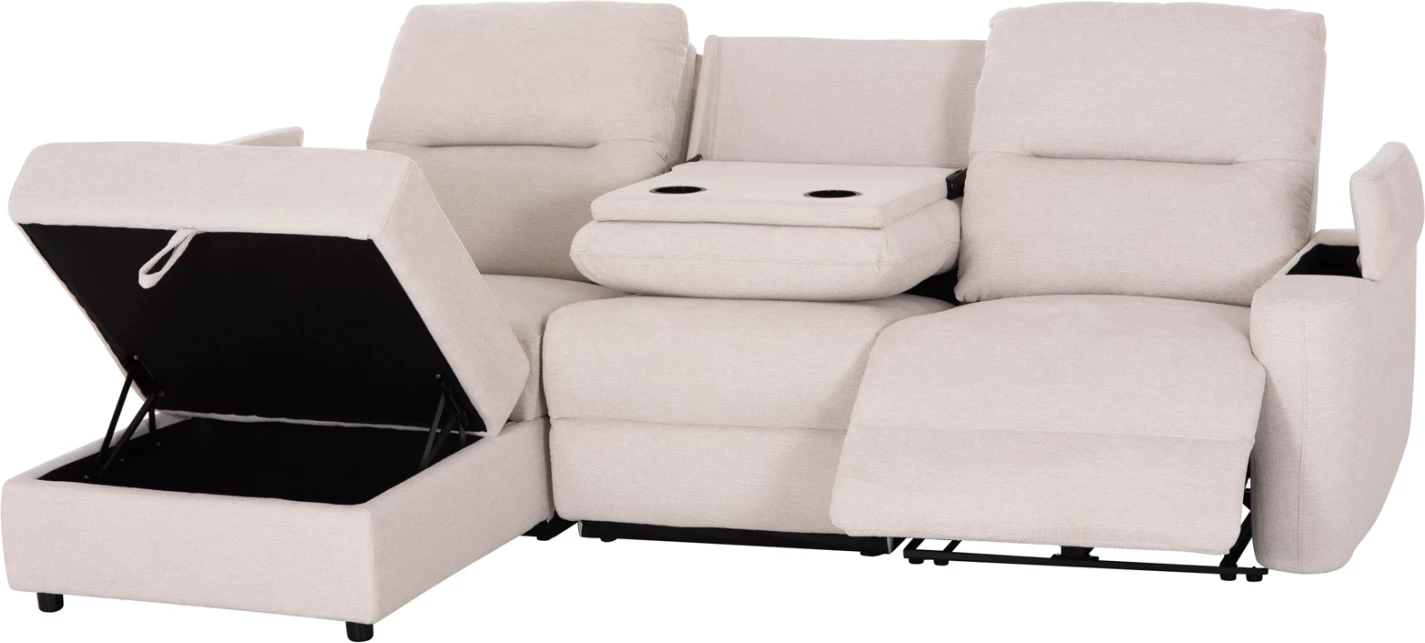 Këndare e majtë SYNTHIA, me recliner elektrik dhe hapësirë për depo, material bezhë, 246x159x97cm