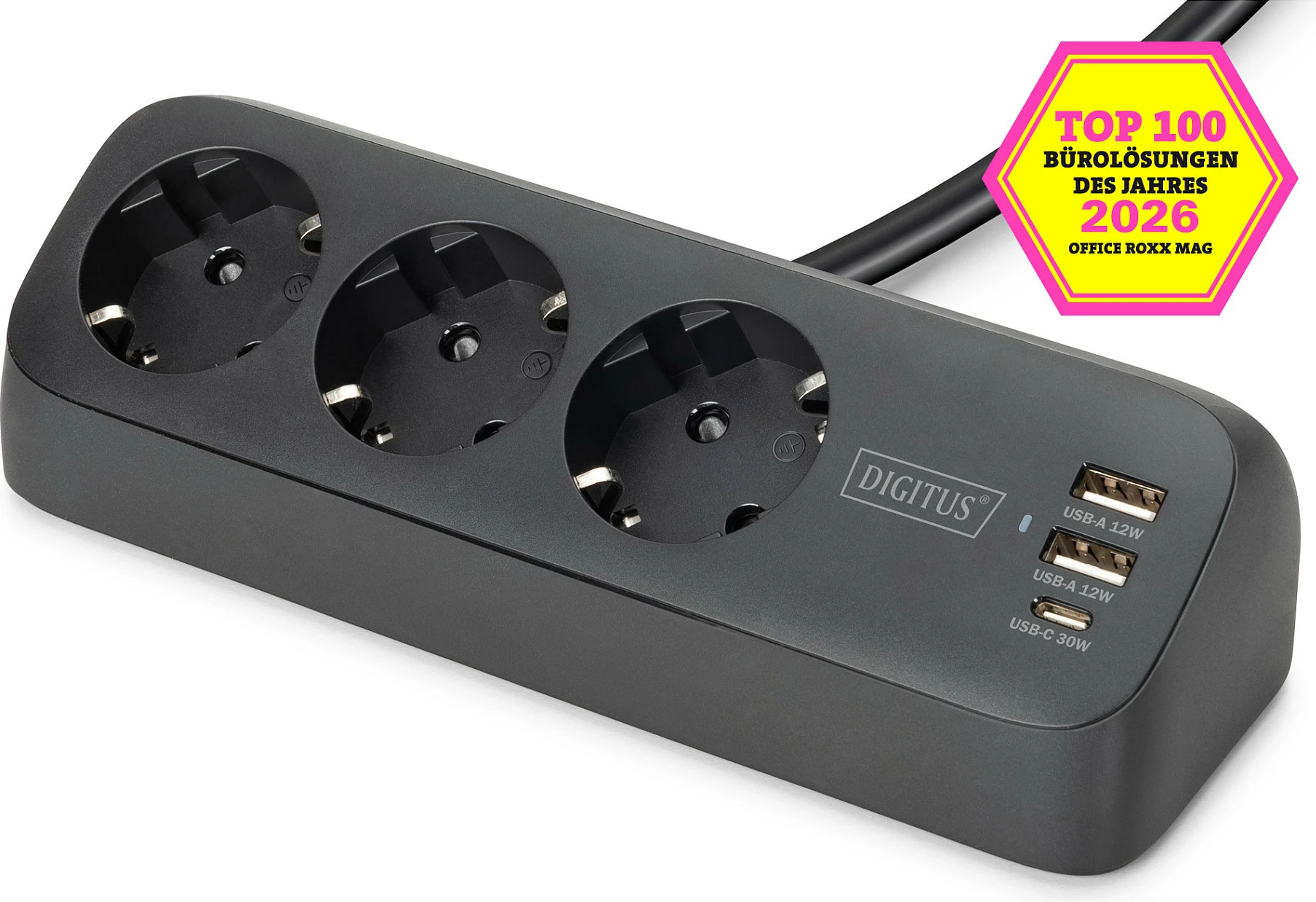 Zgjatues rryme Digitus, 3 prizë + 2x USB-A 12W + USB-C 30W, kabllo 1.5m, i zi