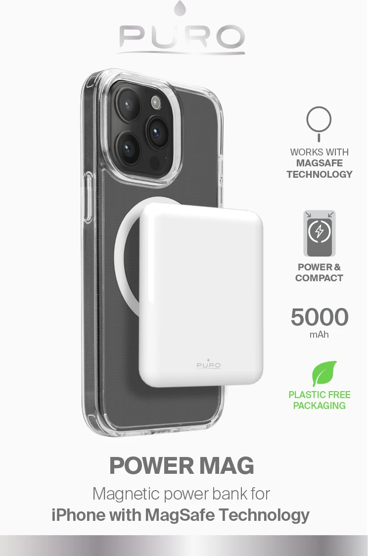 Powerbank Puro Power Mag 5000mAh me MagSafe, USB-C, Bardhë