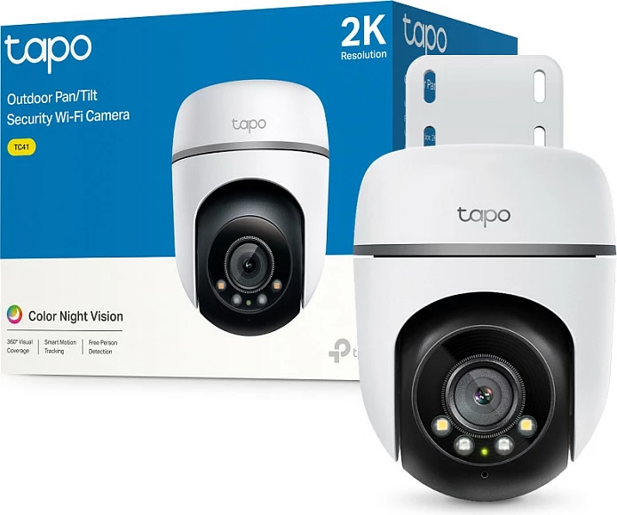 Kamerë sigurie IP TP-Link Tapo TC41 V2, Wi-Fi, Pan/Tilt 360°, 2K, IP65, Alexa/Google, bardhë/zezë
