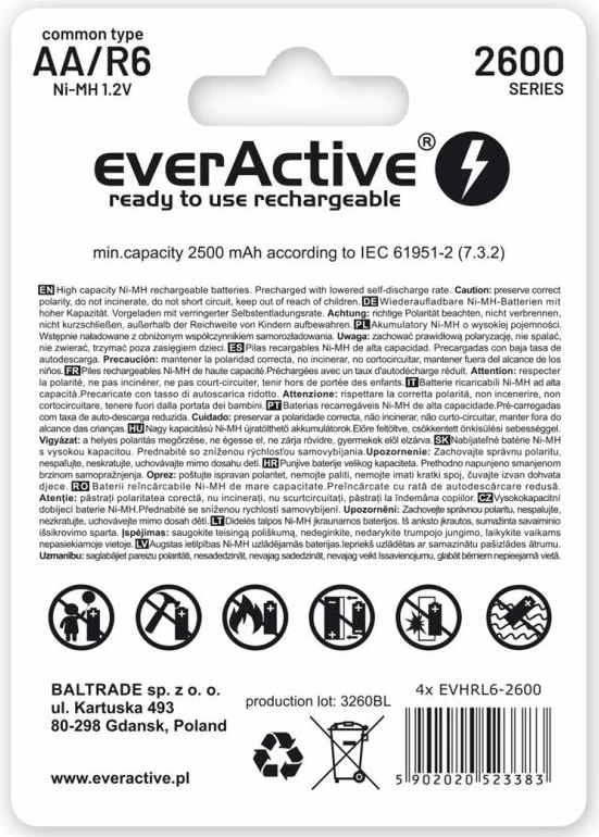 Bateri të rikarikueshme everActive Professional line EVHRL6-2600, set prej 4 copë