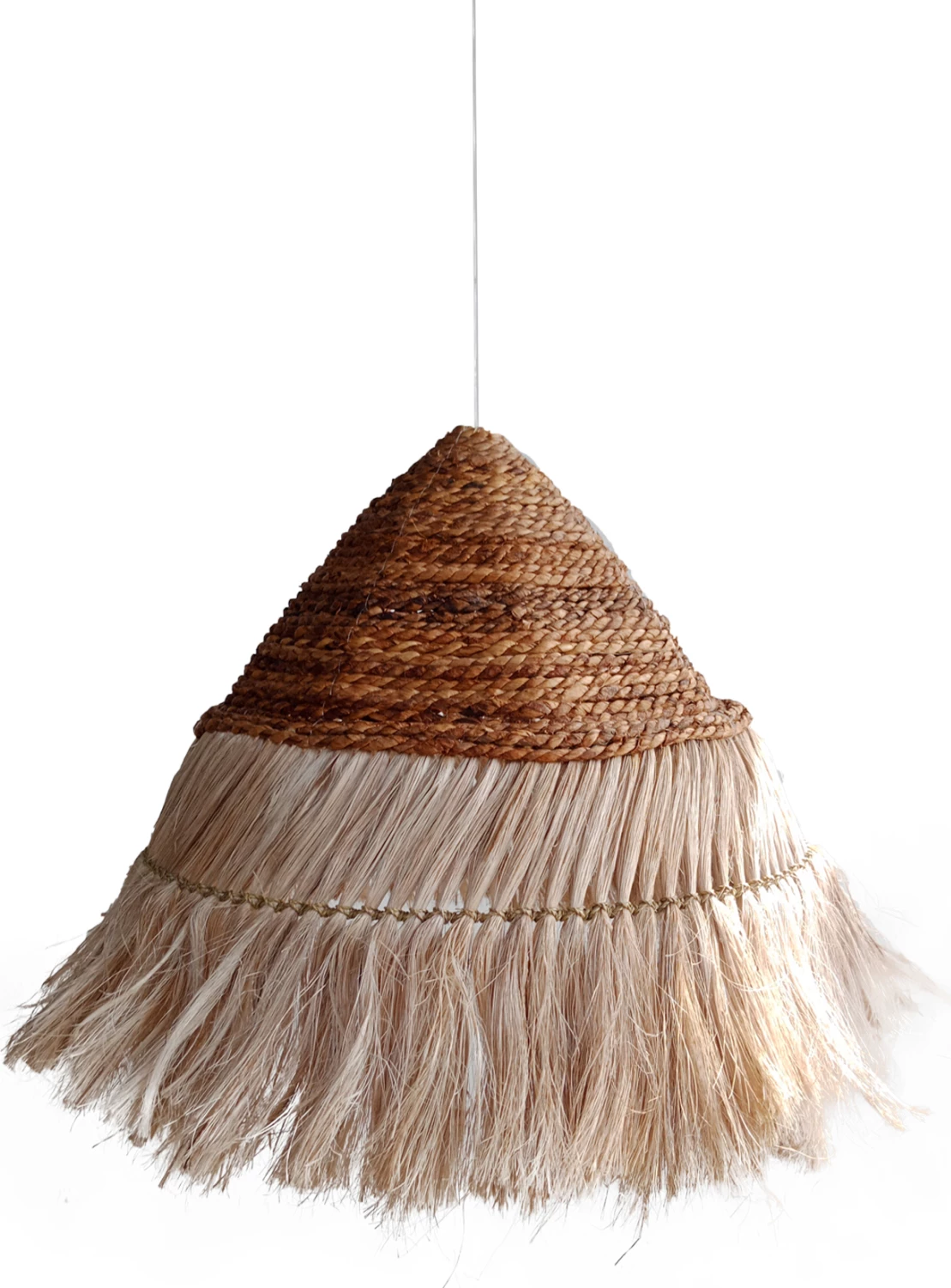 Llambë varëse tavani, kapak piramidë rrethore, fibra abaca, ngjyrë natyrale, Φ50x35-120H cm, FH7762