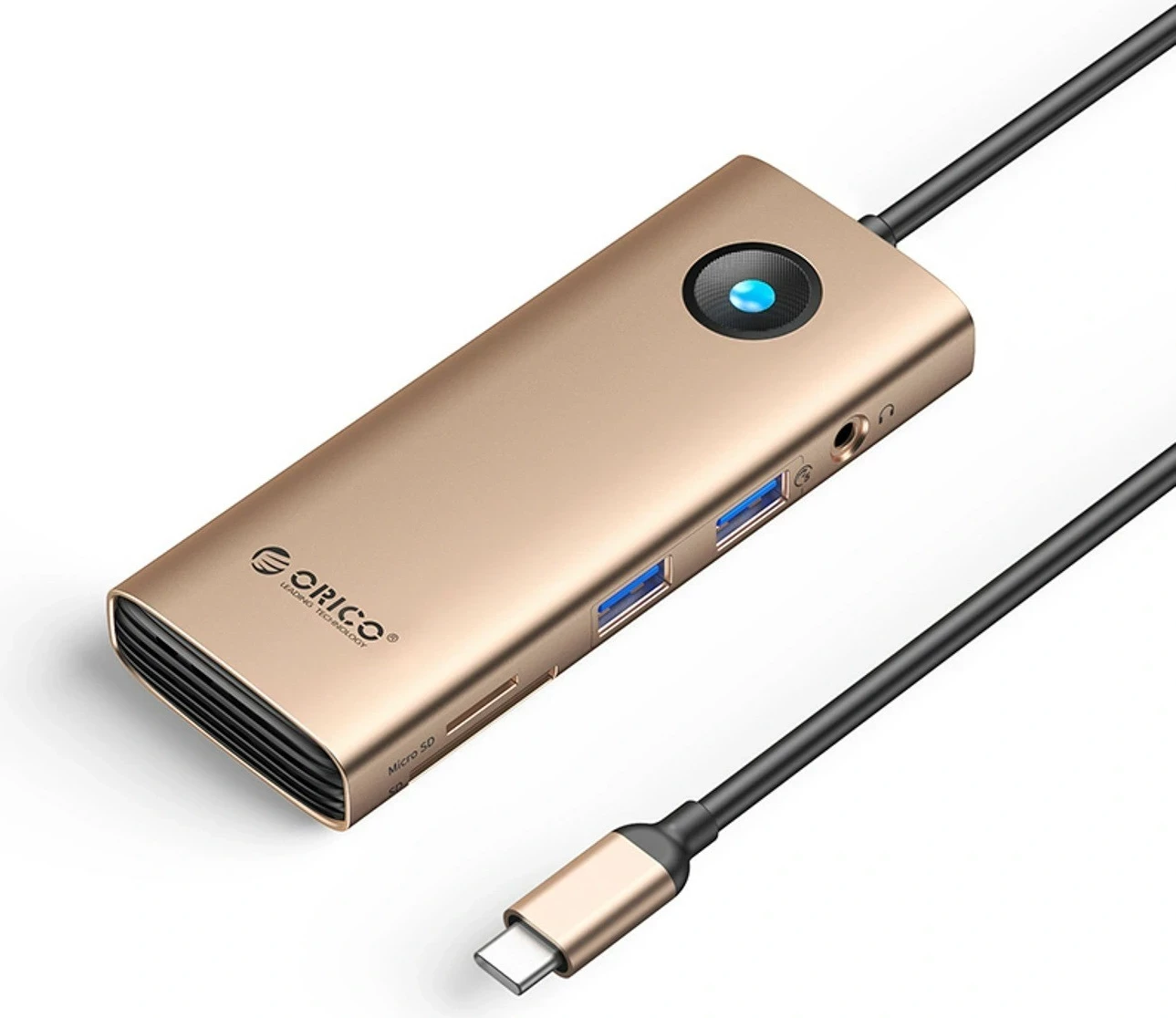Hub Orico USB-C 8n1, 2x USB-A 3.0, 1x USB-C PD 100W, 1x HDMI 4K 60Hz, 1x microSD/SD, 1x RJ45 Gigabit Ethernet, 1x Audio 3.5mm, verdhë