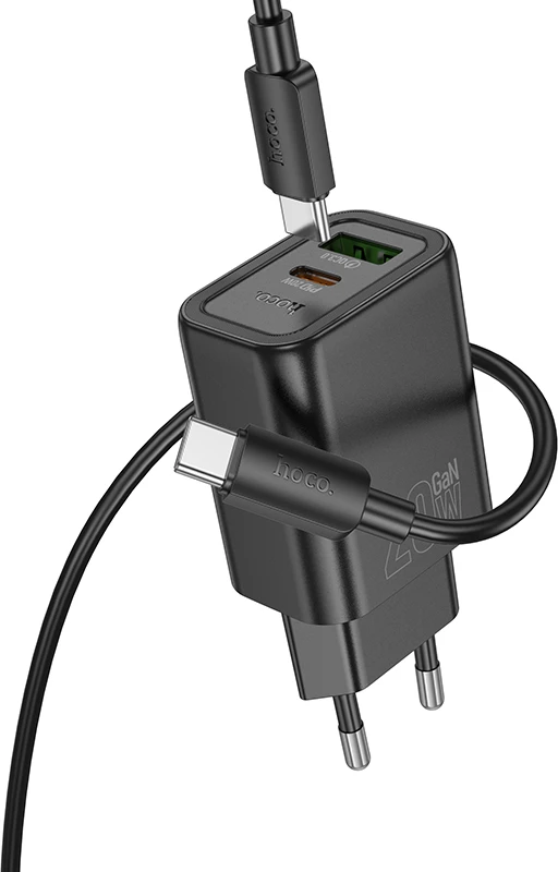 Karikues HOCO N61 GaN PD 20W USB-A + Type-C me kabllo Type-C 1 m, e zezë