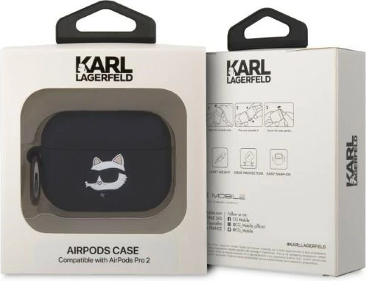 Mbështjellës Karl Lagerfeld KLAP2RUNCHK për AirPods Pro 2, silikon, Choupette Head 3D, i zi