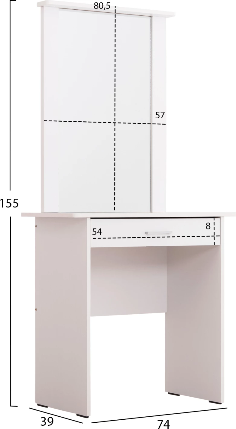 Set tavolinë grimi me pasqyrë dhe karrige CRYSTEL, 74x39x155H cm, e bardhë