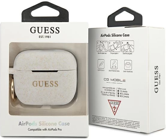 Mbështjellës Guess GUACAPSILGLWH për AirPods Pro, silikon, i bardhë me shkëlqim