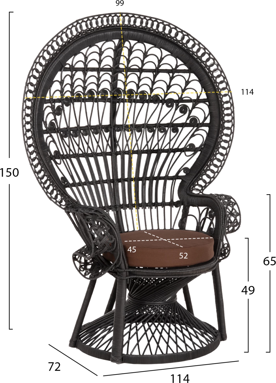 Karrige mbretërore palloi, FH9342.03, rattan, ngjyrë e zezë, jastëk kafe, 114x72x150H cm