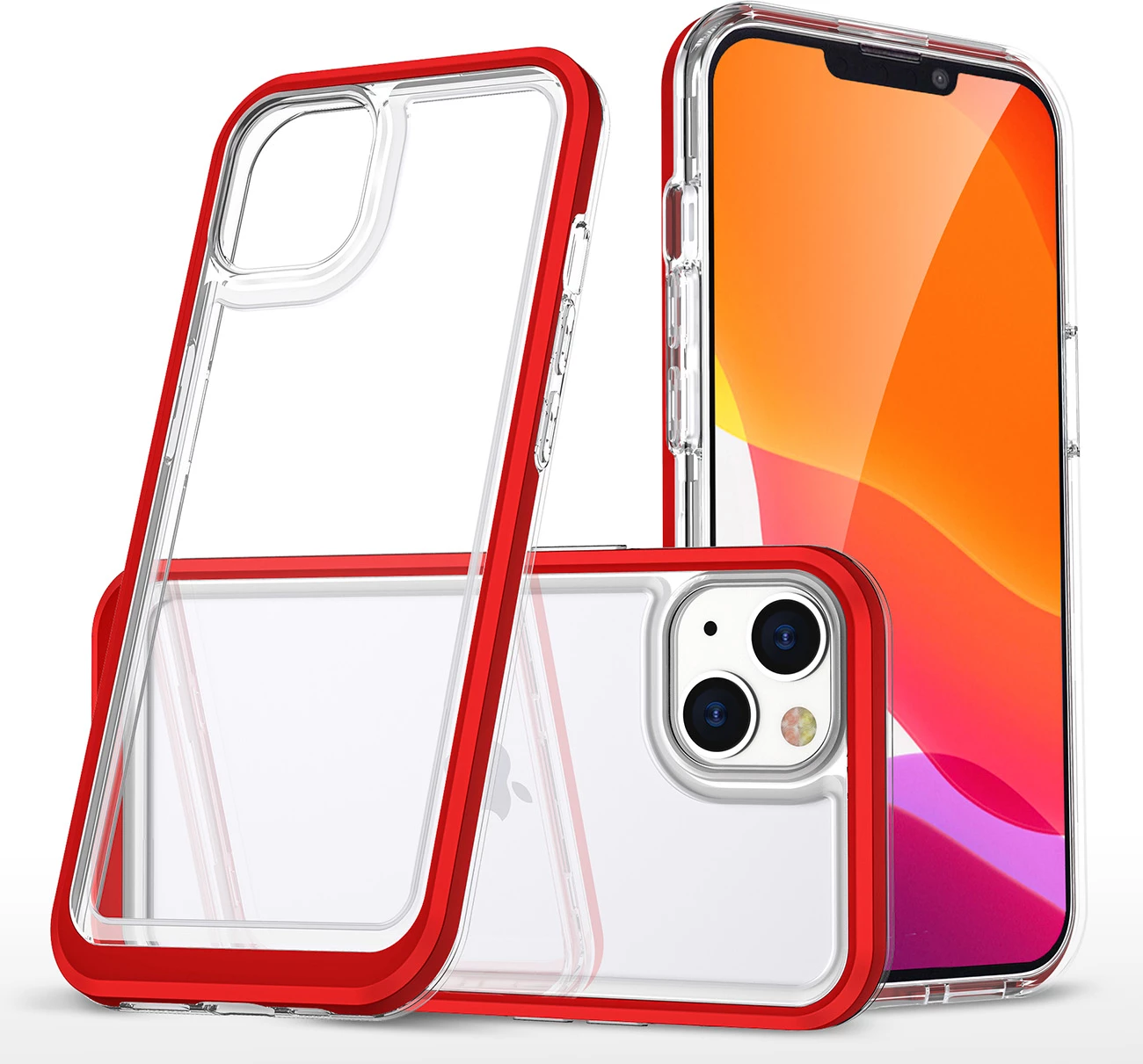 Mbështjellës Hurtel Clear 3in1 për iPhone 14, kornizë e kuqe, transparent