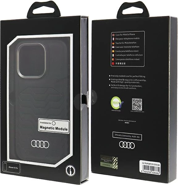 Mbështjellës Audi për iPhone 15 Pro, lëkurë sintetike me MagSafe, zi
