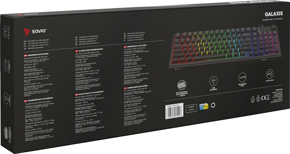 Tastierë gaming Savio GALAXIS, membrane, RGB, me kabllo USB 1.5 m, US QWERTY, e zezë