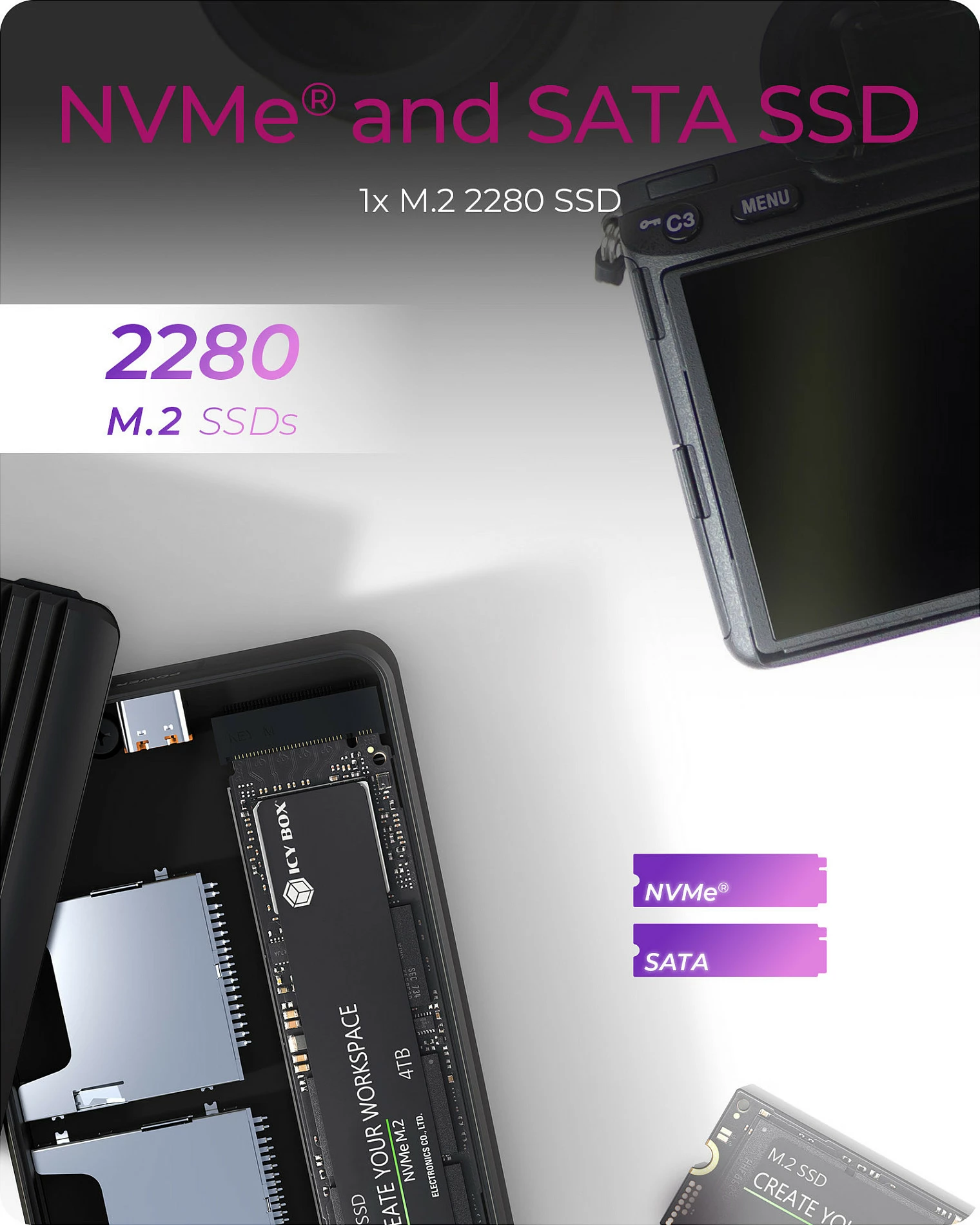 Kasë ekstern për SSD ICY BOX IB-CR602M-C31, M.2 NVMe/SATA, USB-C 10Gbps, me lexues SD, e zezë