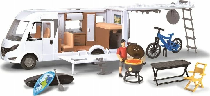 Set kamper lodër Dickie Playlife Holiday Camper Hymer B-Class 1:24 30 cm, i bardhë, me aksesorë
