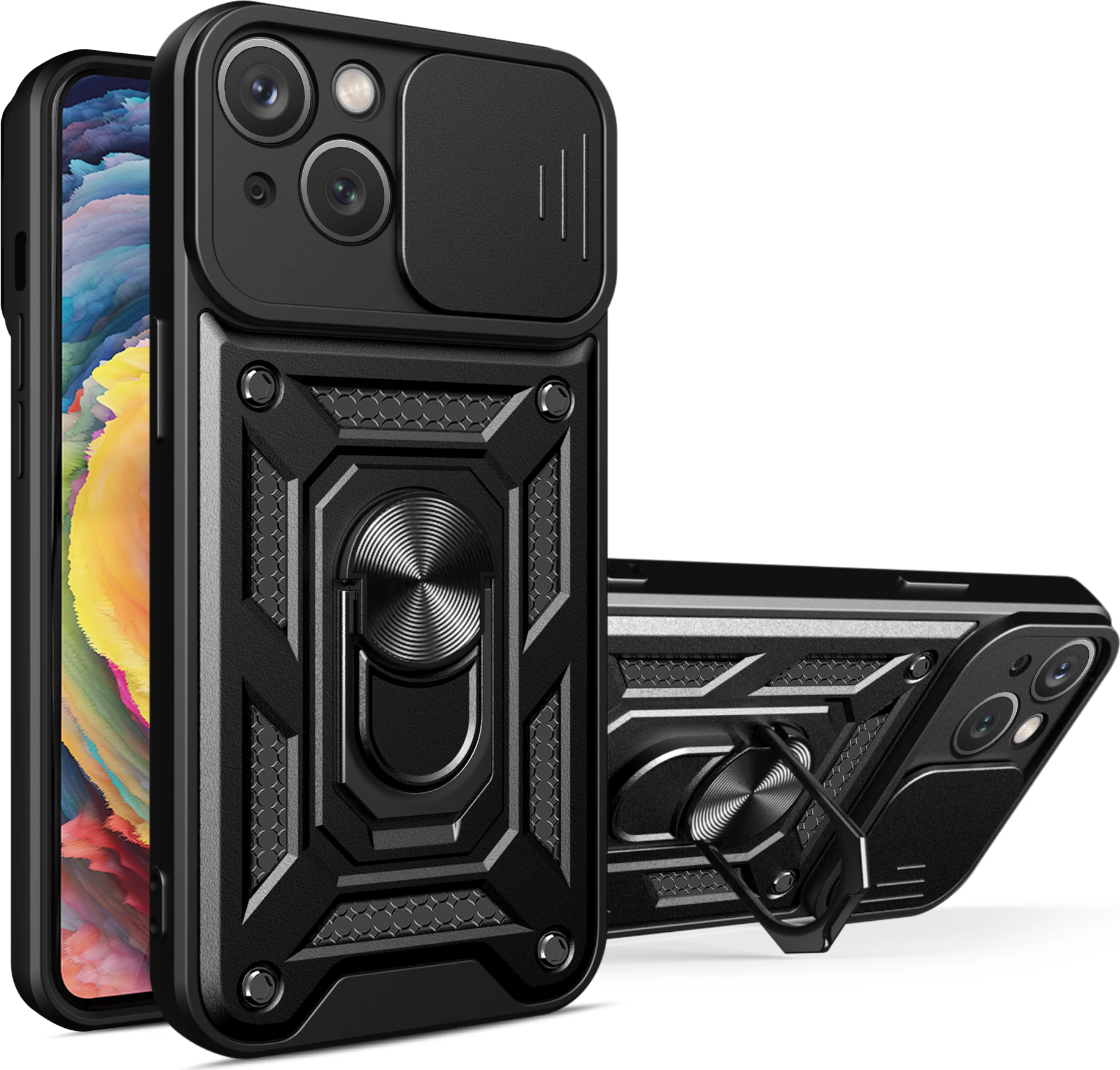 Mbështjellës Hurtel Hybrid Armor Camshield me mbajtëse dhe mbulesë kamere për iPhone 15 Plus, Zi