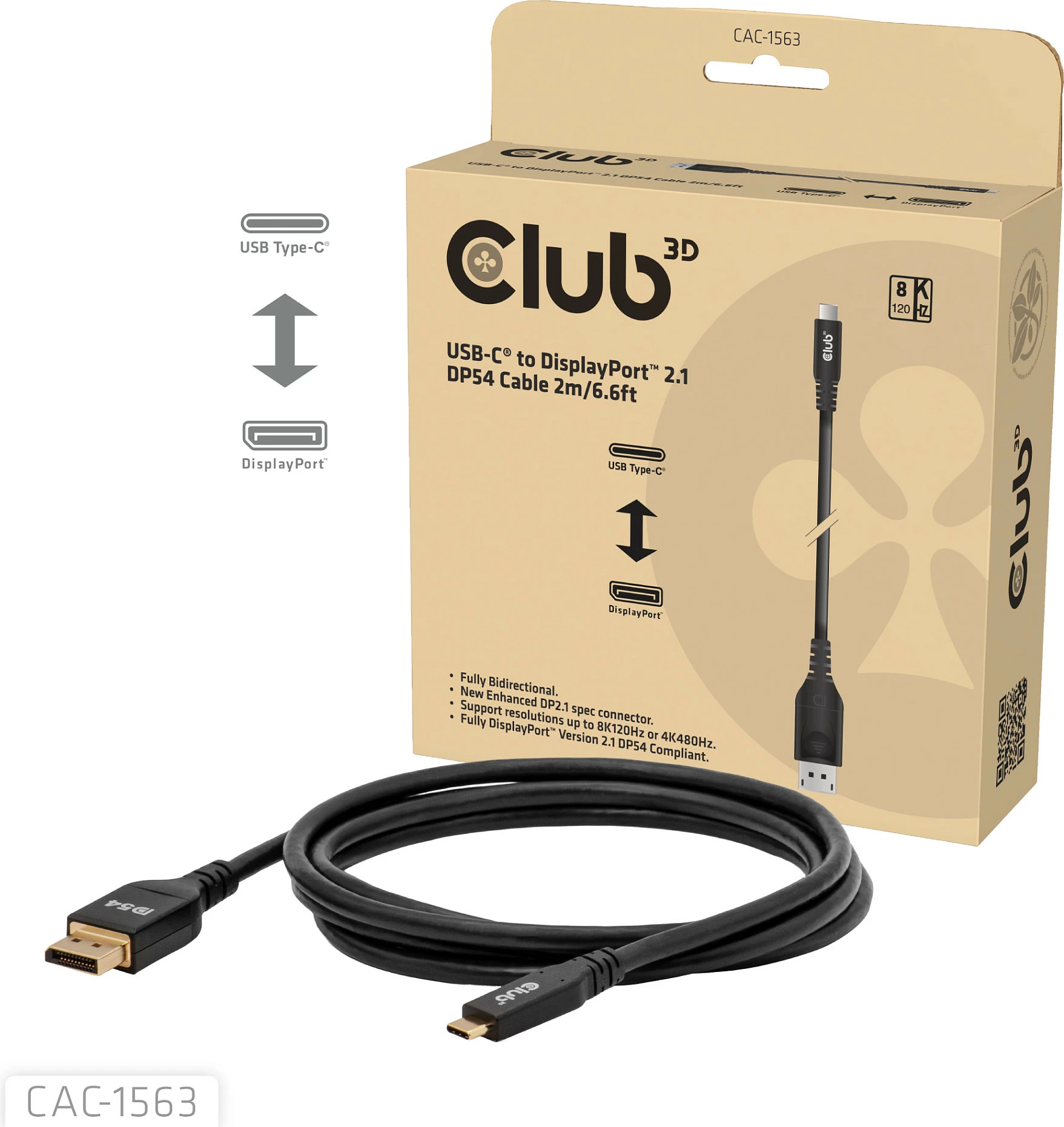 Kabllo Club 3D CAC-1563 USB-C në DisplayPort 2.1, 2 m, 8K, DP54, e zezë