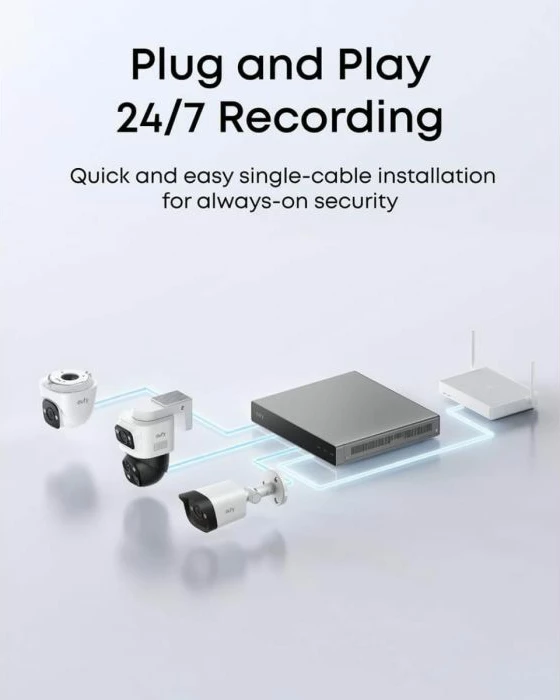 Kamerë sigurie PoE bullet-PTZ Eufy Security S4 (Anker) T8E00321, 16MP tri-lens, 4K wide-angle + 2K PTZ, 8× zoom, 360° rrotullim, IP65, bardh/zi