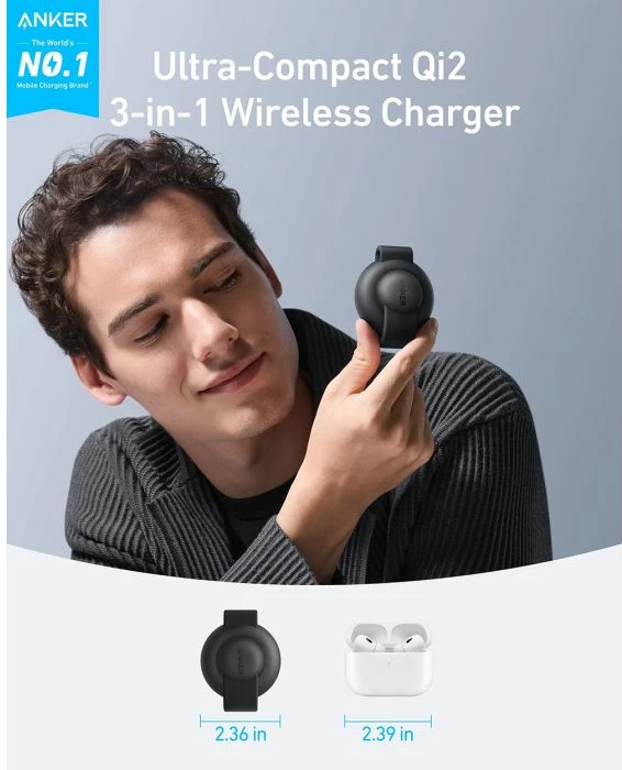 Karikues pa tela 3-në-1 ANKER MagGo B25M8H51 15W (Qi2/MagSafe), rozë, set me adaptor 40W + kabllo USB-C 1.5m