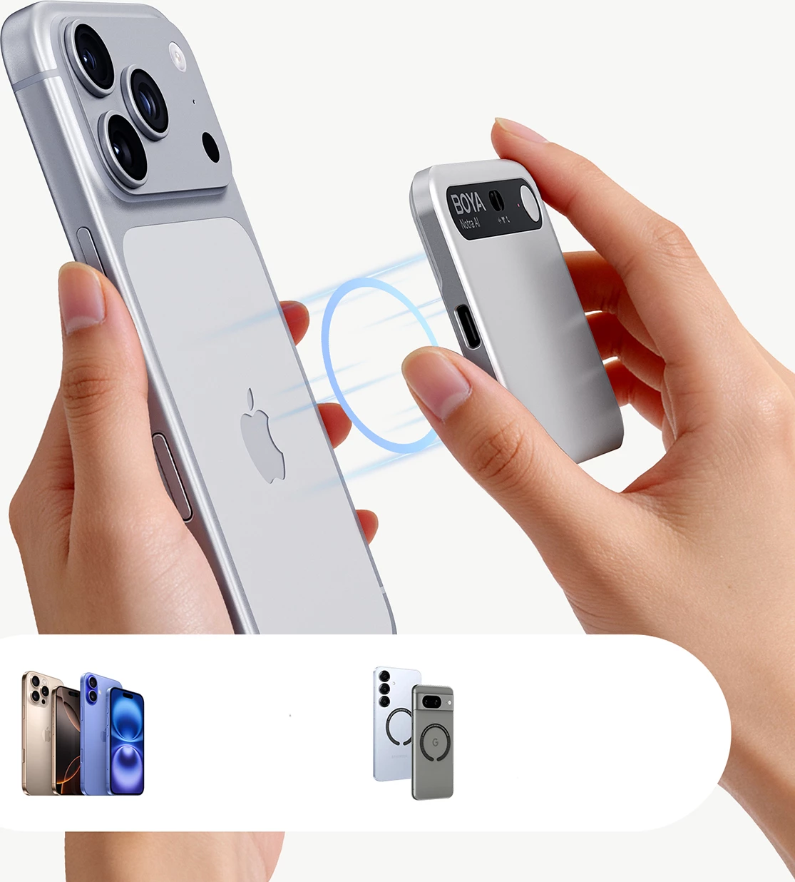 Regjistrues zëri BOYA Notra AI 64GB, USB-C/Bluetooth/Wi‑Fi, 24h, argjendtë