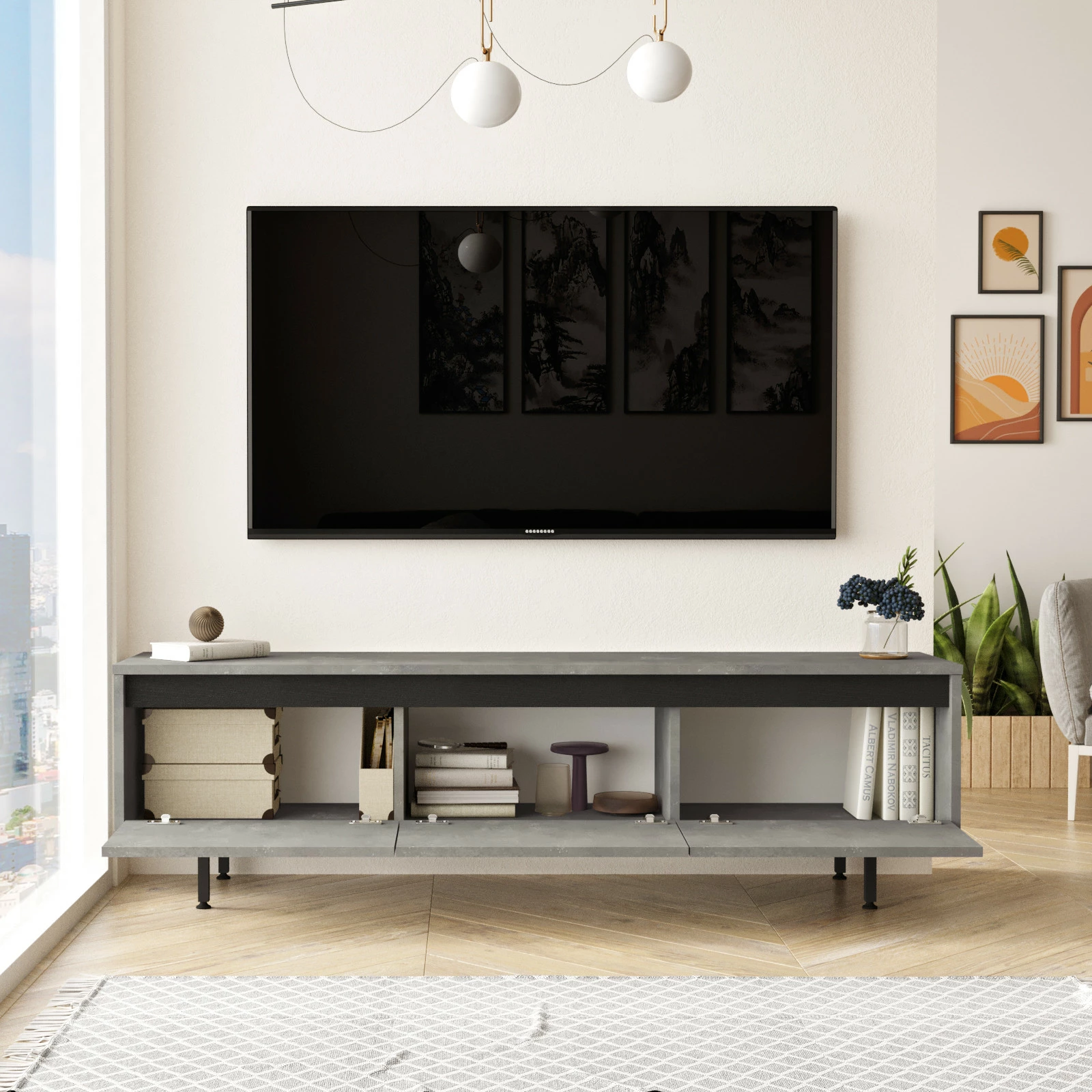 Komodë TV Hanah Home, LV1-RL, ngjyrë argjendi dhe e zezë