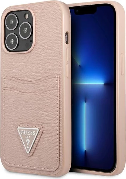 Mbështjellës Guess Saffiano Triangle për iPhone 13 Pro / 13, hardcase, rozë, me hapësirë kartelash