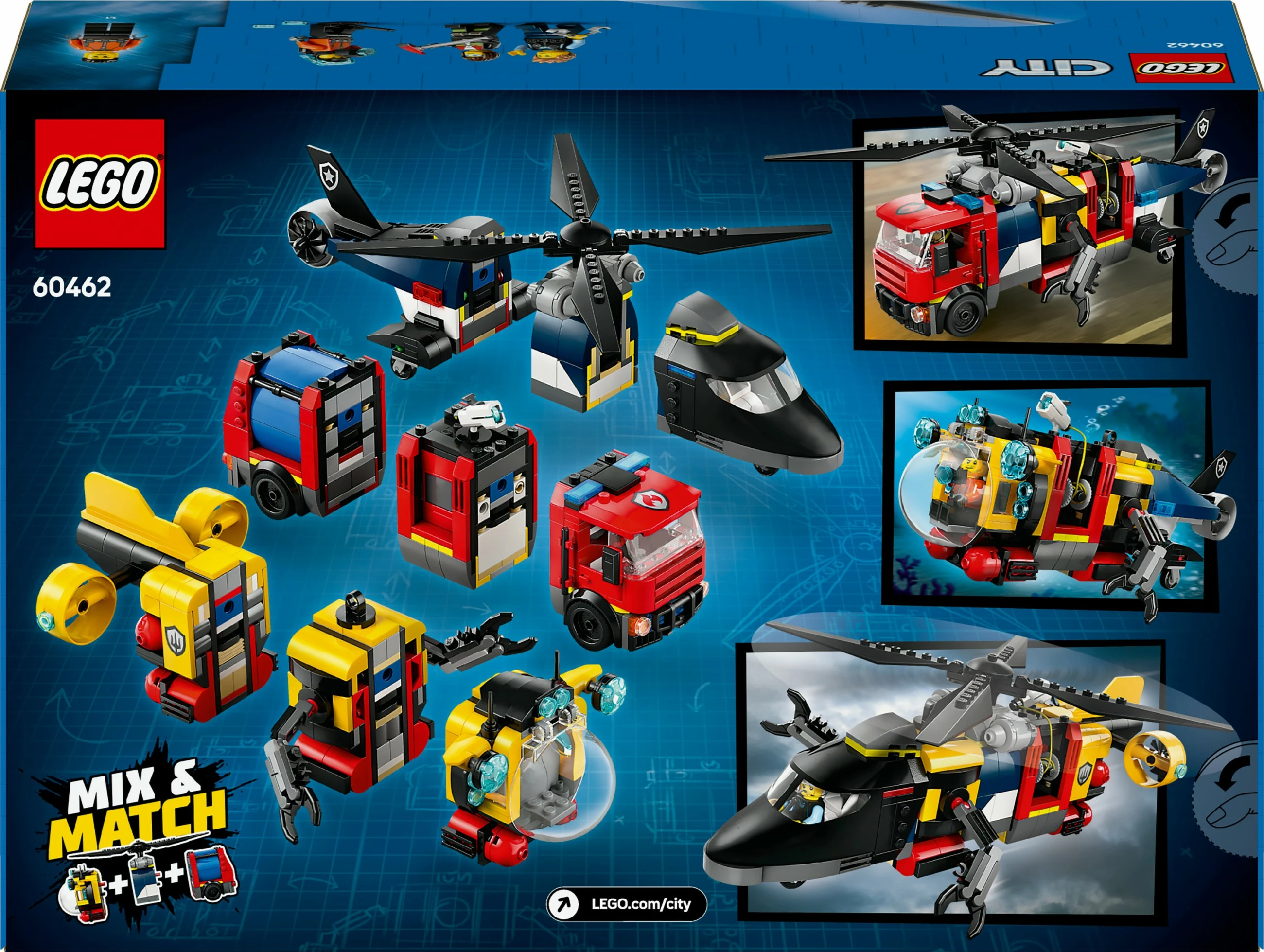 Set ndërtimi LEGO City 60462, helikopter, kamion zjarrfikës, nëndetëse, 874 pjesë, multingjyrësh