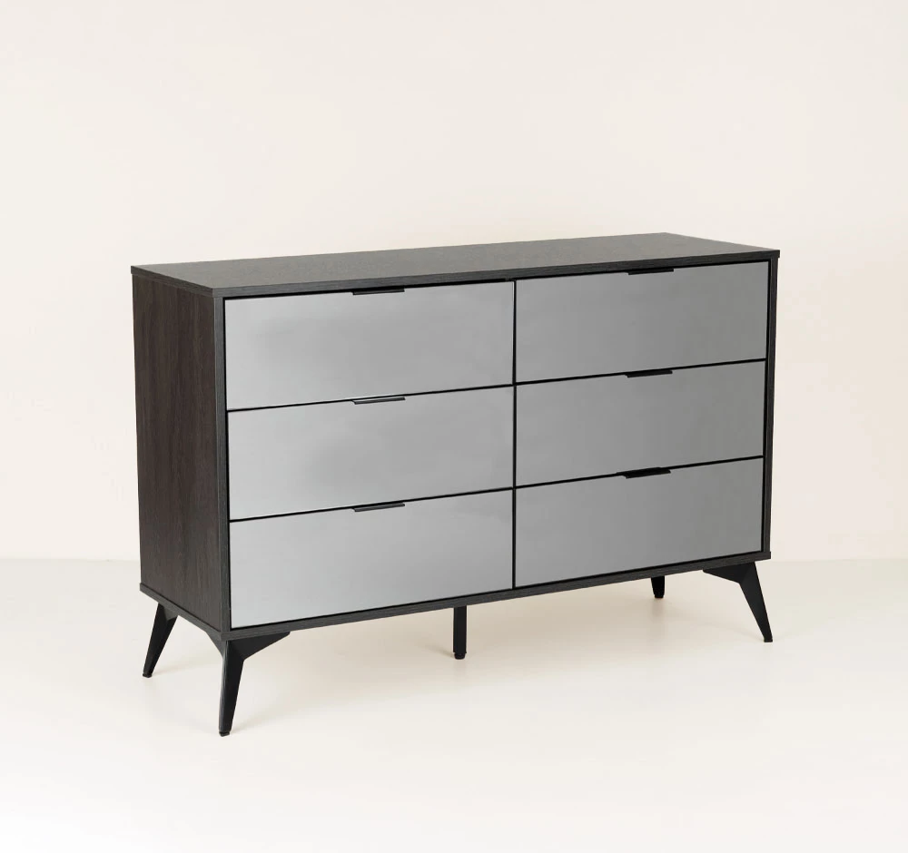 Komodë Specchio me 6 sirtarë, ngjyrë lis i zi, pasqyrë, 120x39x80