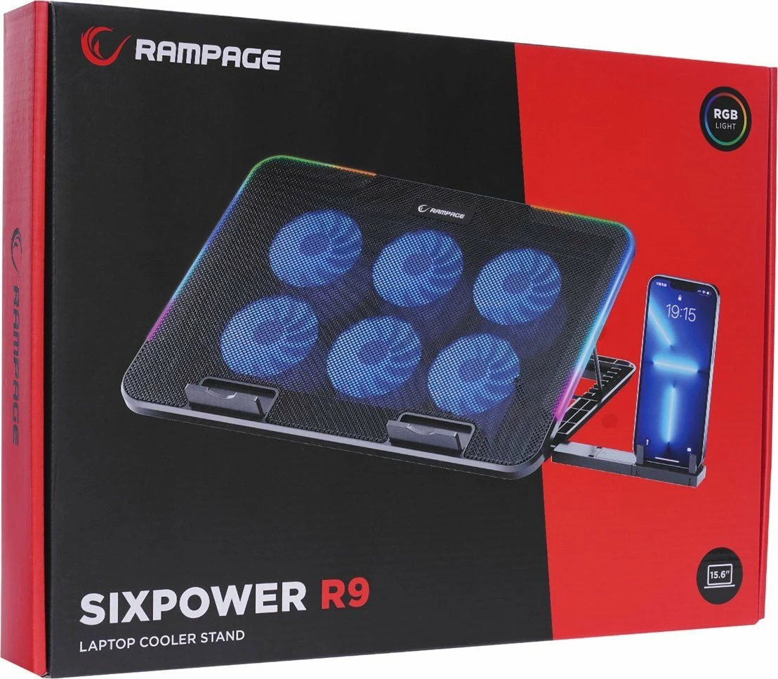 Stendë ftohëse laptopi Rampage Sixpower R9 15.6\", RGB, e rregullueshme, 2x USB 2.0, e zezë