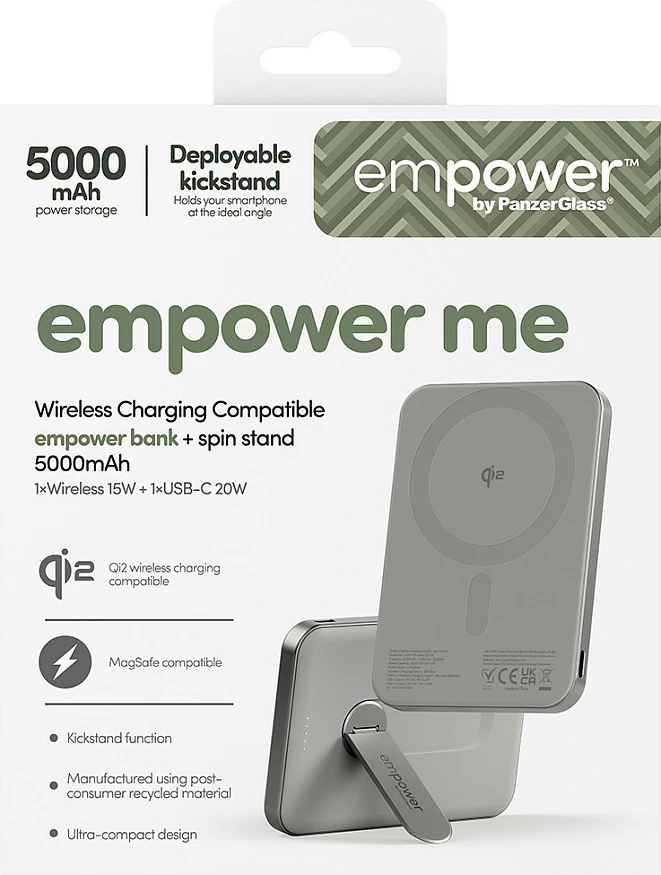 Power bank PanzerGlass empower Bank Spin Stand, 5000mAh, Qi2/MagSafe, 15W wireless, USB-C 20W, Titanium