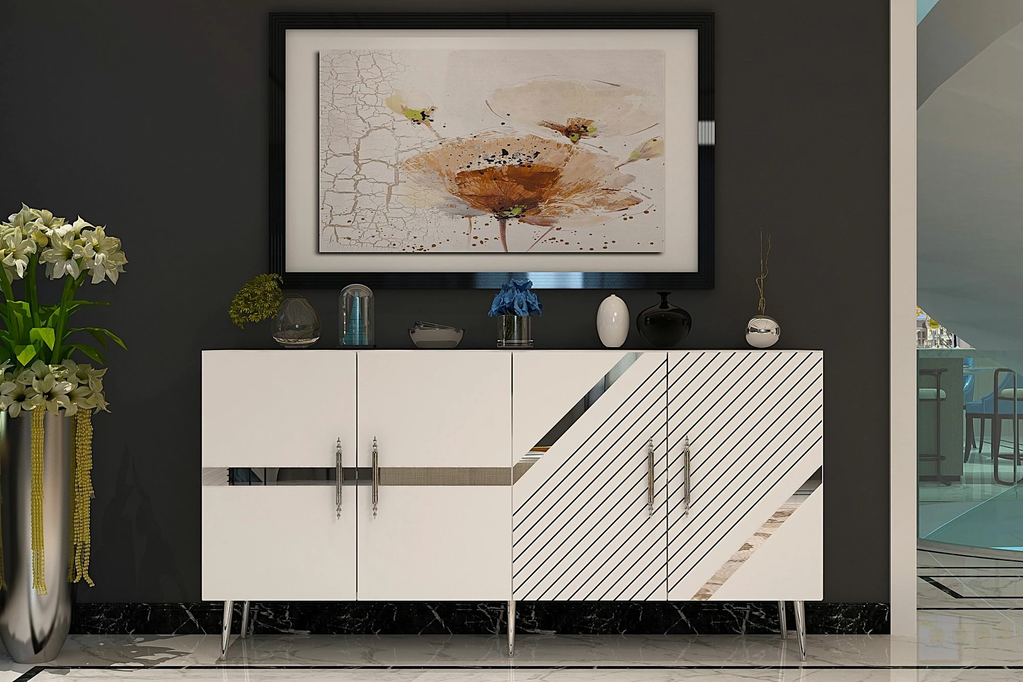 Konsol Skye Decor, Fuga KB150, e bardhë, argjend