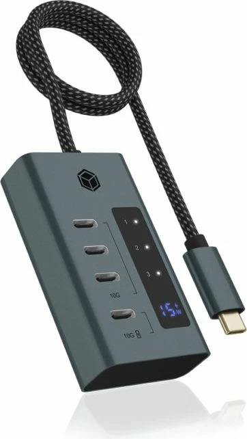USB-C hub ICYBOX IB-HUB1454-C31, 4 porta, USB 3.2 Gen 2 10 Gbit/s, USB-C PD 20W, kabllo 60 cm, kasë alumini, gri/kaltër