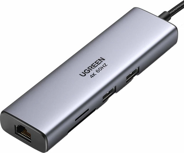 Hub USB-C Ugreen 90568, 2x USB 3.0, HDMI, RJ45 Gigabit, lexues SD/TF, gri/argjend