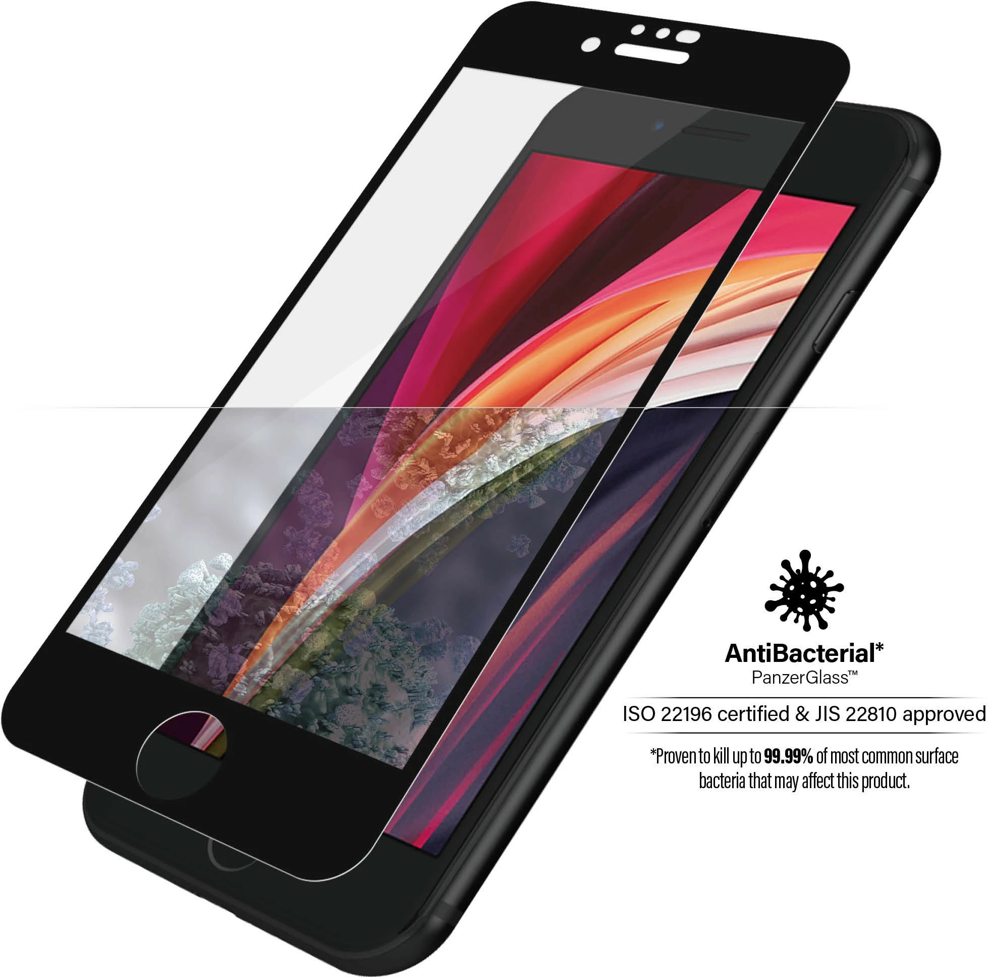 Mbështjellës ekrani PanzerGlass për iPhone 6/7/8/SE 2020/2022, transparent, kornizë e zezë