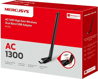 Adapter USB Wi‑Fi Mercusys MA30H AC1300 Dual Band (Wi‑Fi 5), antenë high gain, i zi