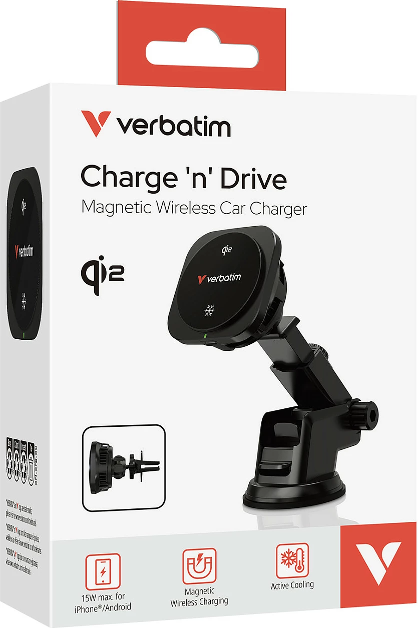 Karikues wireless magnetik për veturë Verbatim Charge 'n' Drive Qi2, 15W, USB-C, 1m, i zi