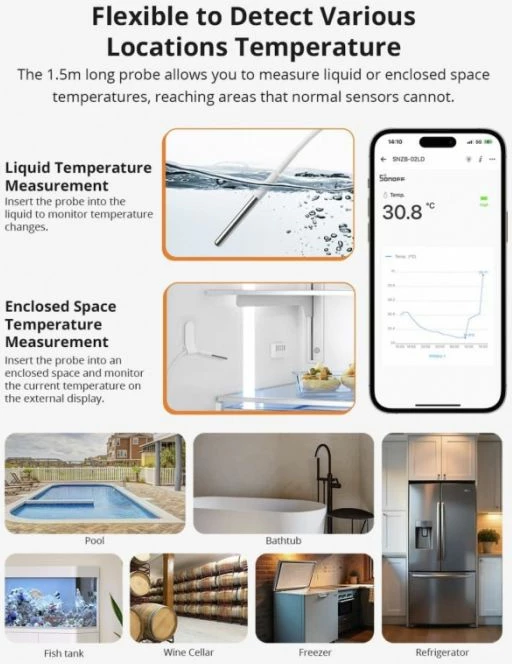 Sensor temperature ZigBee SONOFF SNZB-02LD, LCD 2.2\", IP65, sondë 1.5 m, i bardhë