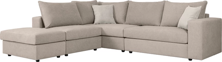 Divan polymorfik i kthyeshëm London, pëlhurë gri-bezhë, jastëkë gri të lehtë, 296x246x95 cm