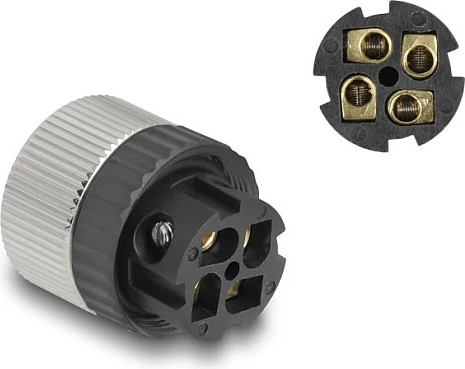Konektor DeLOCK M12 A-coded 4-pin femër, cross-connector, IP67, metal, zi/argjend