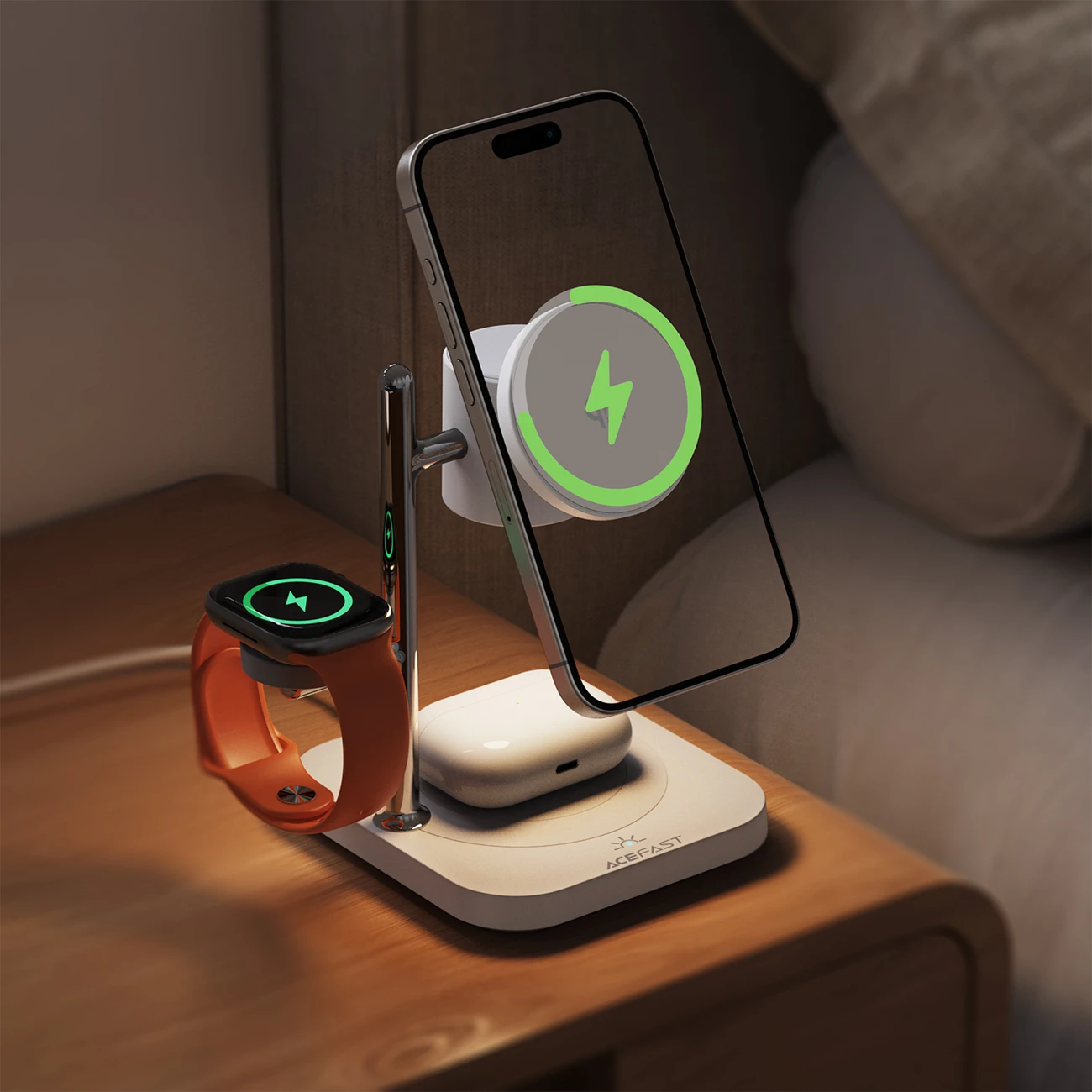 Stacion karikimi wireless Acefast E39 Qi2.2 25W 4-në-1 me dritë nate, i bardhë