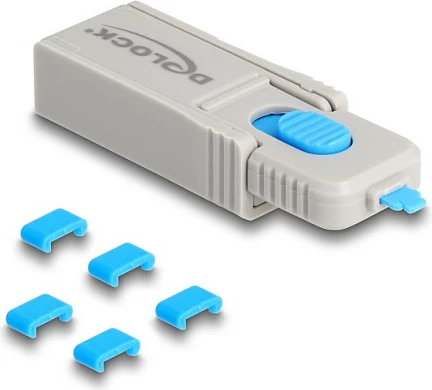 Set bllokues portash USB Type-C DeLOCK, 5 bllokues + çelës (mjet hapës), blu/gri