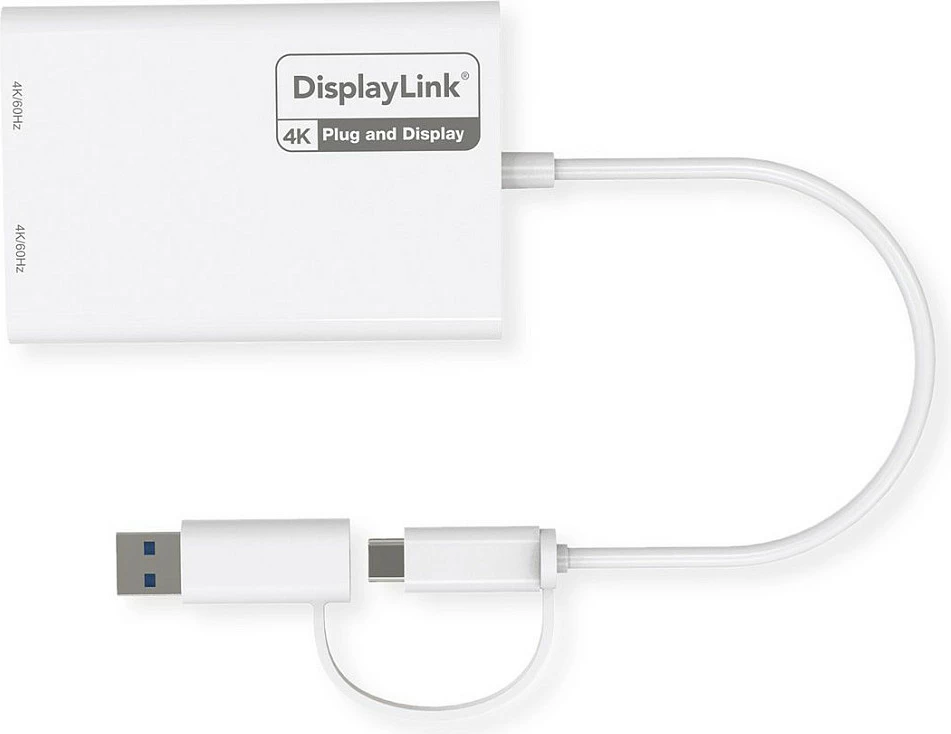 Adapter USB ROLINE 12.03.3207, USB-A/USB-C n’ 2x DisplayPort, 4K 60Hz, i bardhë