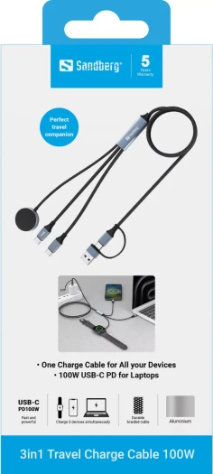 Kabllo karikimi SANDBERG 3v1 Travel Charge Cable 100W, 1.2 m, USB-C/USB-A në 2x USB-C + Apple Watch, e zezë